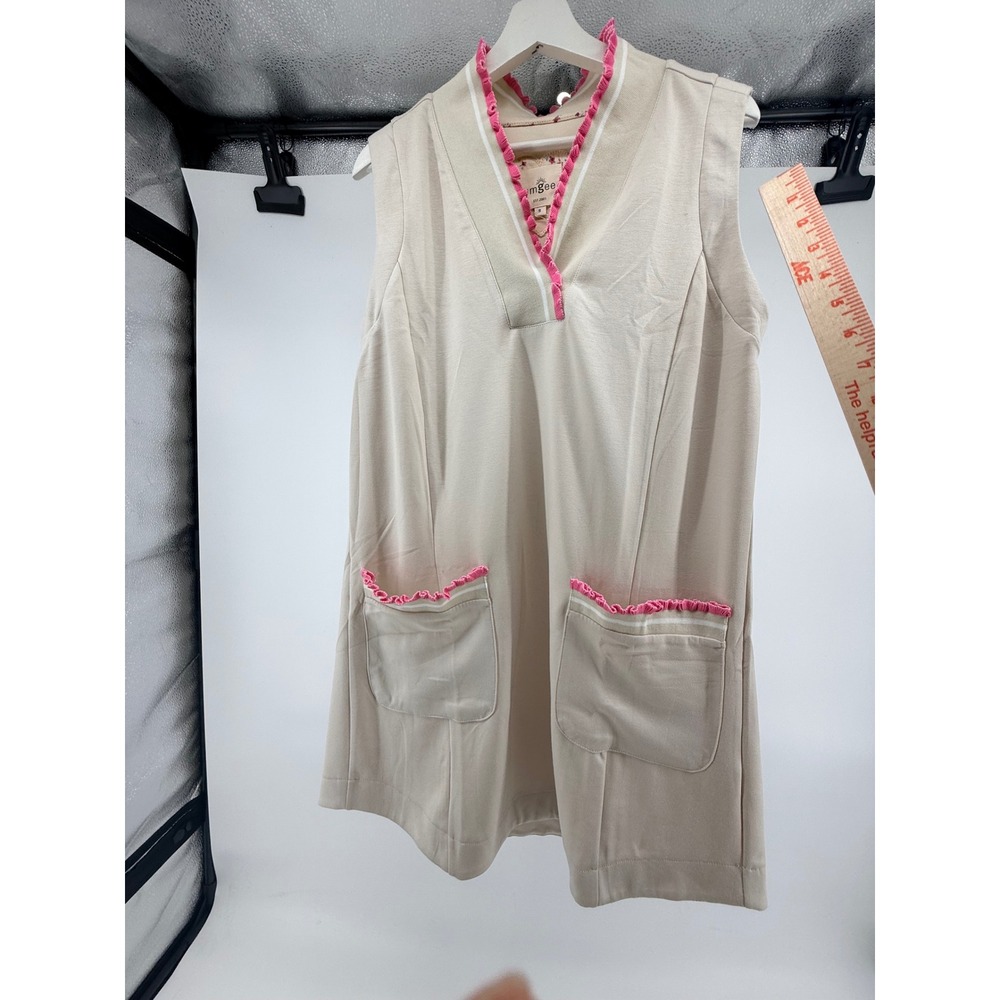 Umgee Beige Sleeveless Ruffle Trim Mini Dress Pink Pockets Heart Back Small NWT